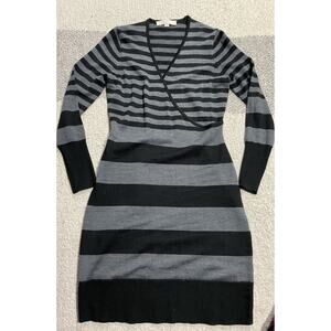 Loft Petite Wrap Sweater Dress Striped Womens Medium MP Black Gray Long Sleeve
